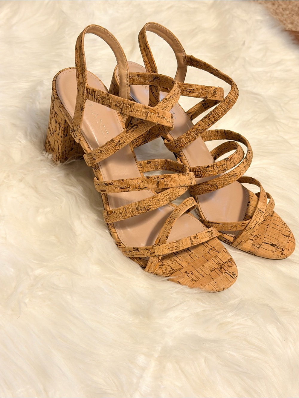 New- Solanz Cork Strappy Block Heel Sandals - Tan